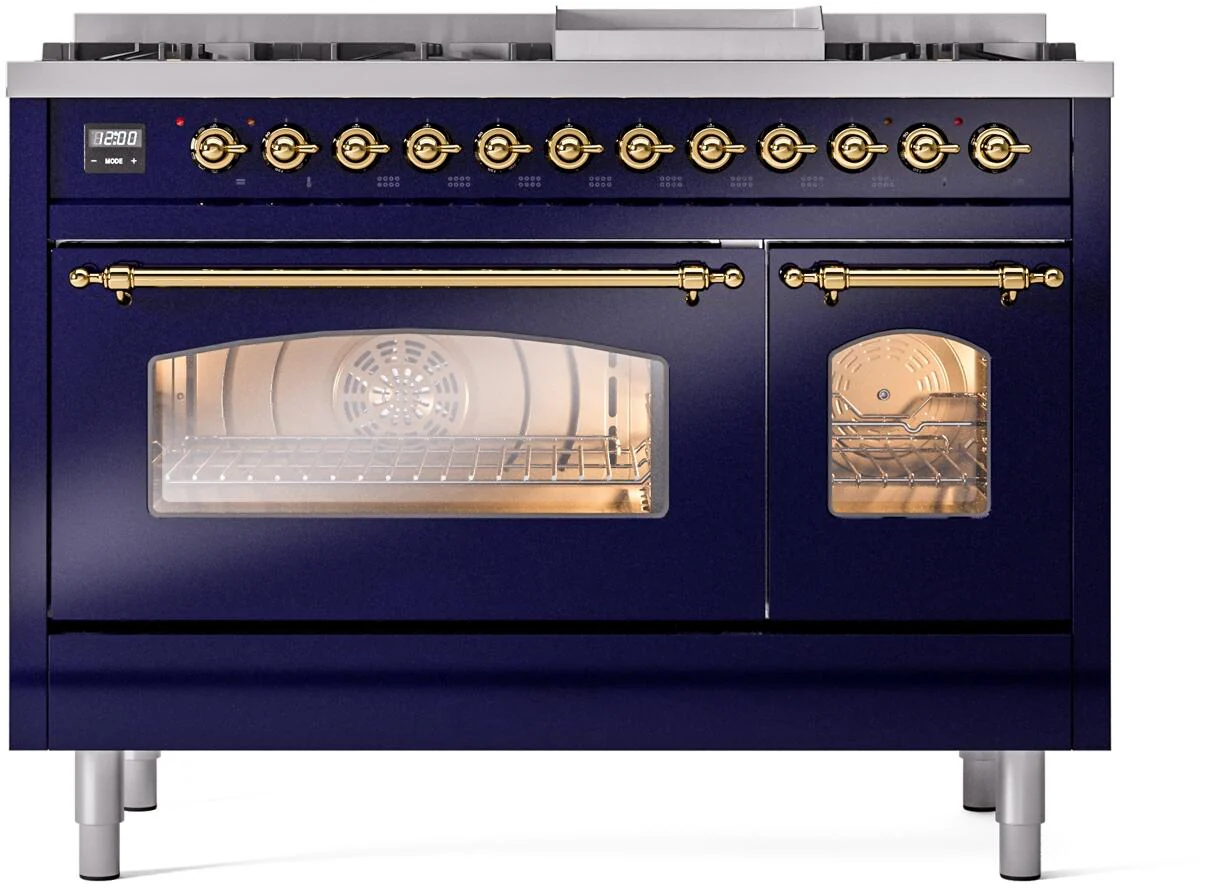 ILVE Nostalgie II 48-Inch Freestanding Natural Gas Dual Fuel Range in Midnight Blue with Brass Trim (UP48FNMPMBG) - Image 2