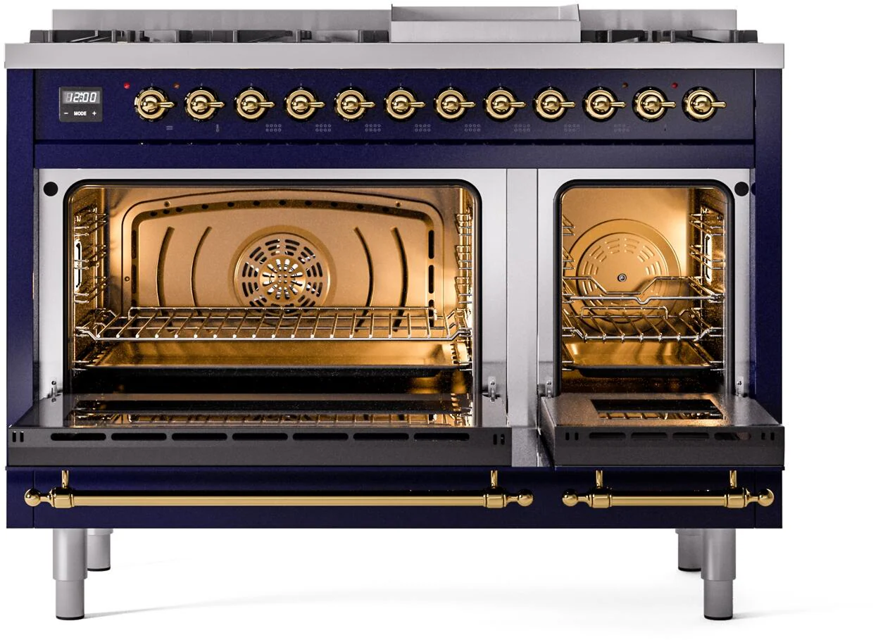 ILVE Nostalgie II 48-Inch Freestanding Natural Gas Dual Fuel Range in Midnight Blue with Brass Trim (UP48FNMPMBG) - Image 3