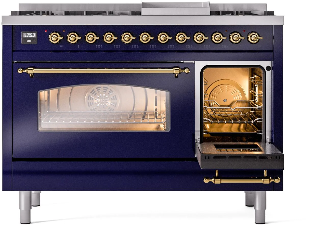 ILVE Nostalgie II 48-Inch Freestanding Natural Gas Dual Fuel Range in Midnight Blue with Brass Trim (UP48FNMPMBG) - Image 4