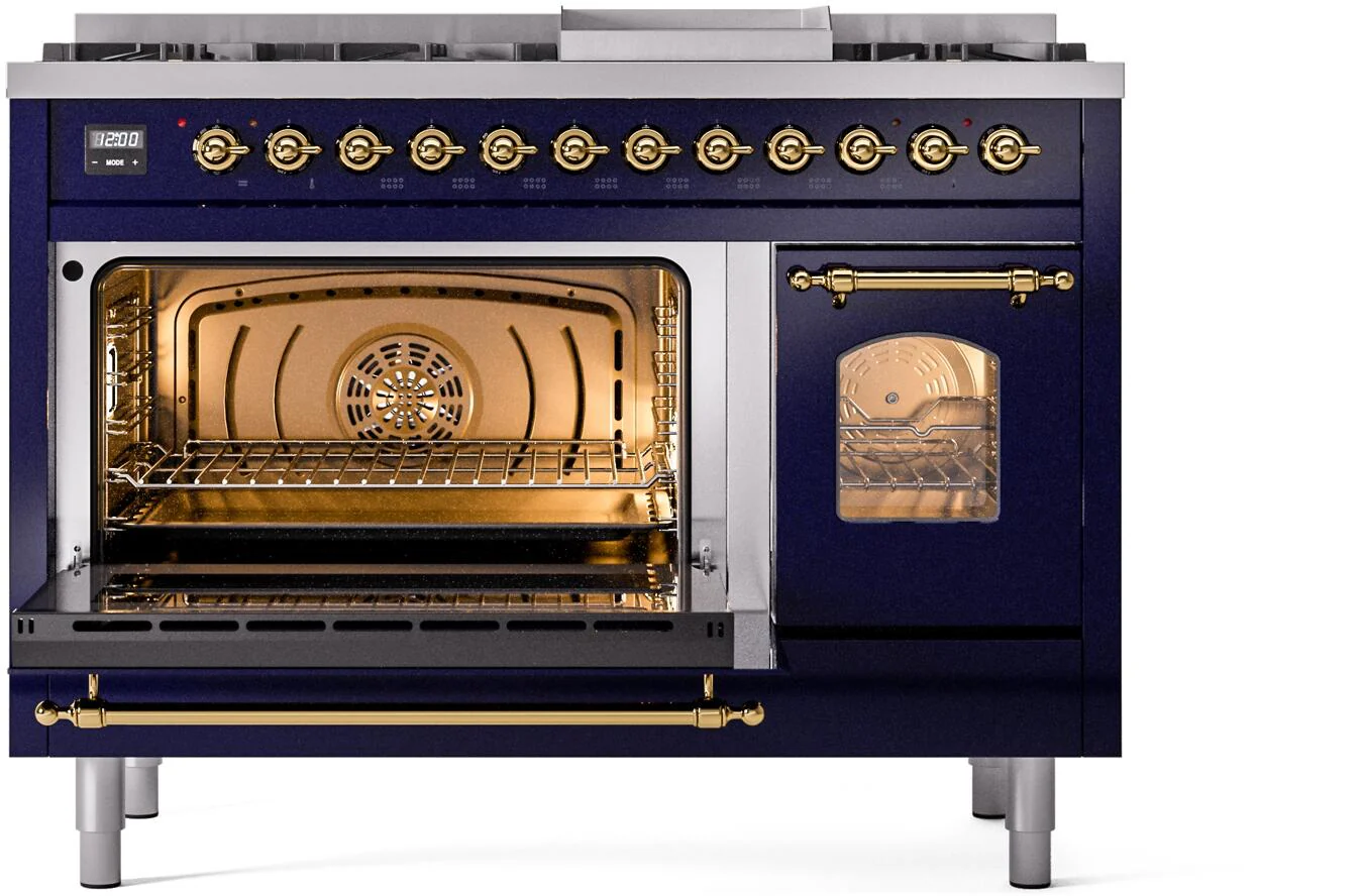 ILVE Nostalgie II 48-Inch Freestanding Natural Gas Dual Fuel Range in Midnight Blue with Brass Trim (UP48FNMPMBG) - Image 5