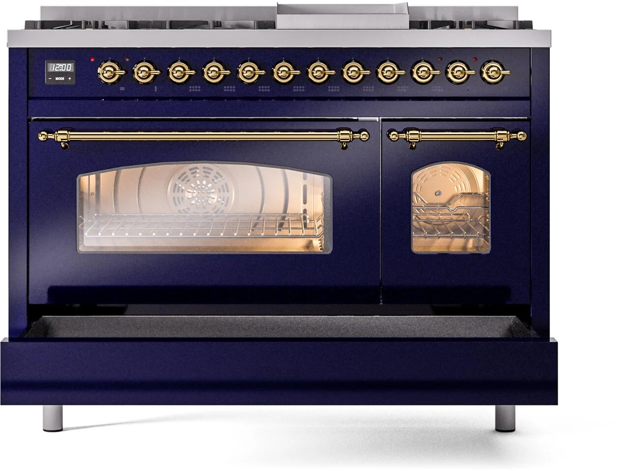 ILVE Nostalgie II 48-Inch Freestanding Natural Gas Dual Fuel Range in Midnight Blue with Brass Trim (UP48FNMPMBG) - Image 6