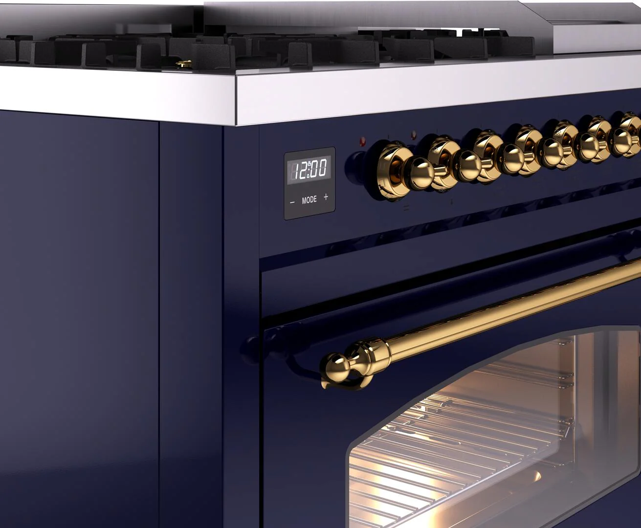 ILVE Nostalgie II 48-Inch Freestanding Natural Gas Dual Fuel Range in Midnight Blue with Brass Trim (UP48FNMPMBG) - Image 7