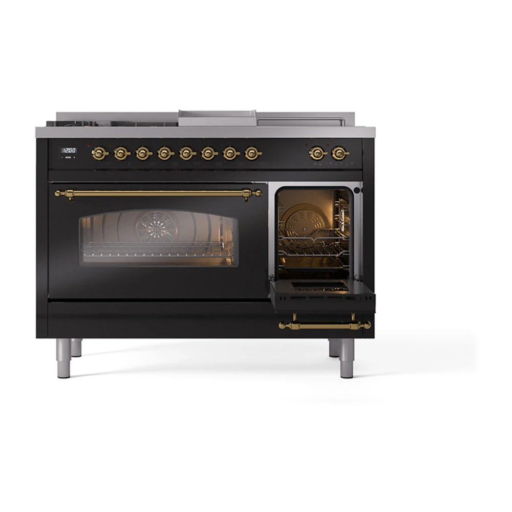 ILVE Nostalgie II 48-Inch Natural Gas Dual Fuel Range with 5 Burners, Griddle, & French Top with Triple Glass Door Oven in Midnight Blue with Brass Trim (UP48FSNMPMBG) - Image 7