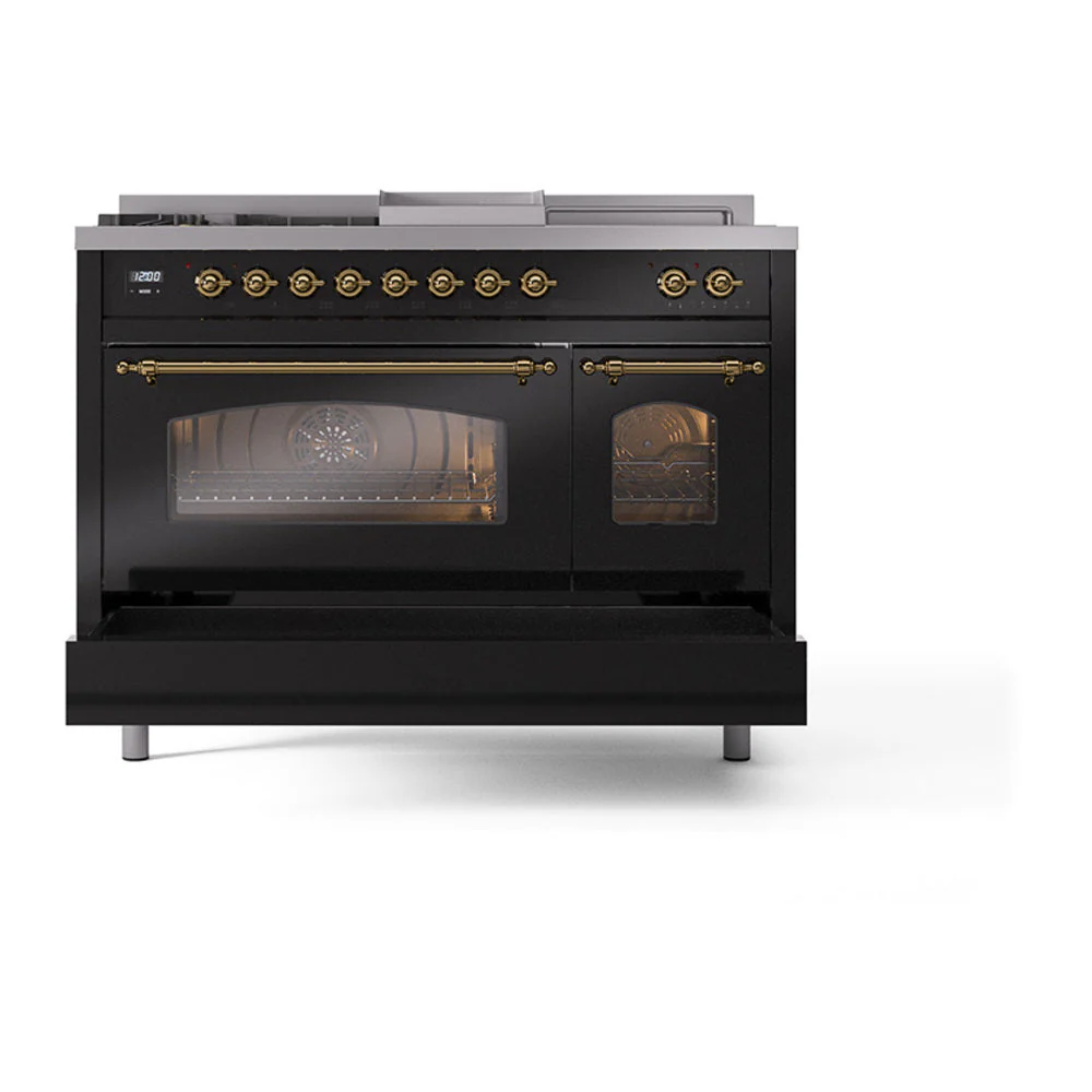 ILVE Nostalgie II 48-Inch Natural Gas Dual Fuel Range with 5 Burners, Griddle, & French Top with Triple Glass Door Oven in Midnight Blue with Brass Trim (UP48FSNMPMBG) - Image 8