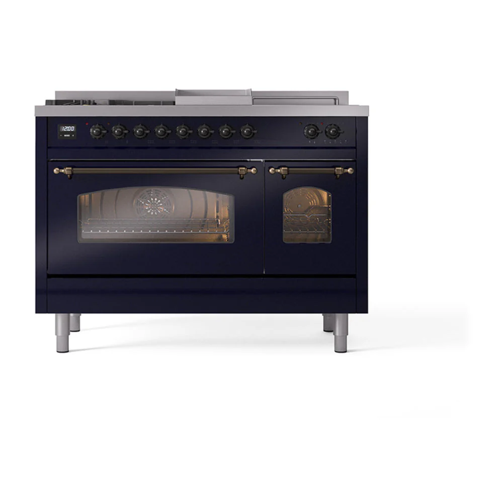 ILVE Nostalgie II 48-Inch Natural Gas Dual Fuel Range with 5 Burners, Griddle, & French Top with Triple Glass Door Oven in Midnight Blue with Bronze Trim (UP48FSNMPMBB) - Image 2