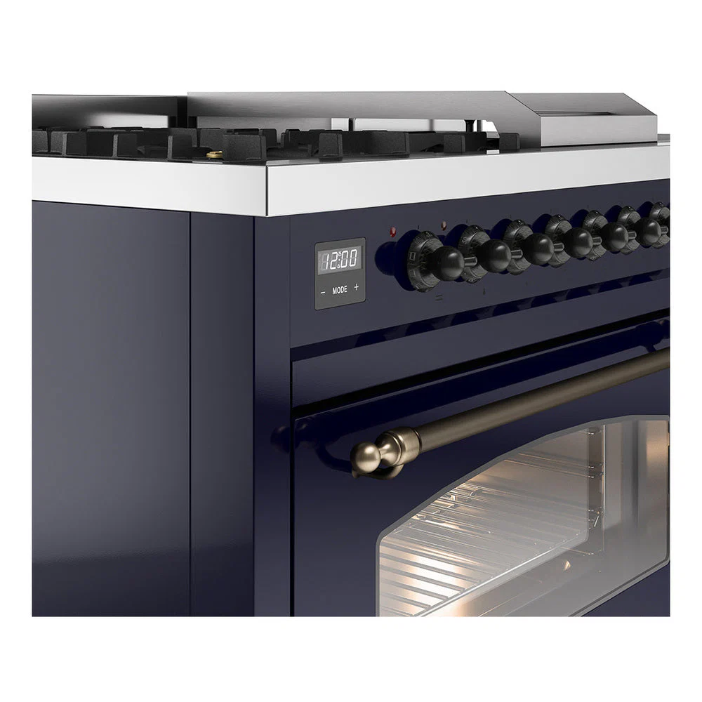 ILVE Nostalgie II 48-Inch Natural Gas Dual Fuel Range with 5 Burners, Griddle, & French Top with Triple Glass Door Oven in Midnight Blue with Bronze Trim (UP48FSNMPMBB) - Image 3