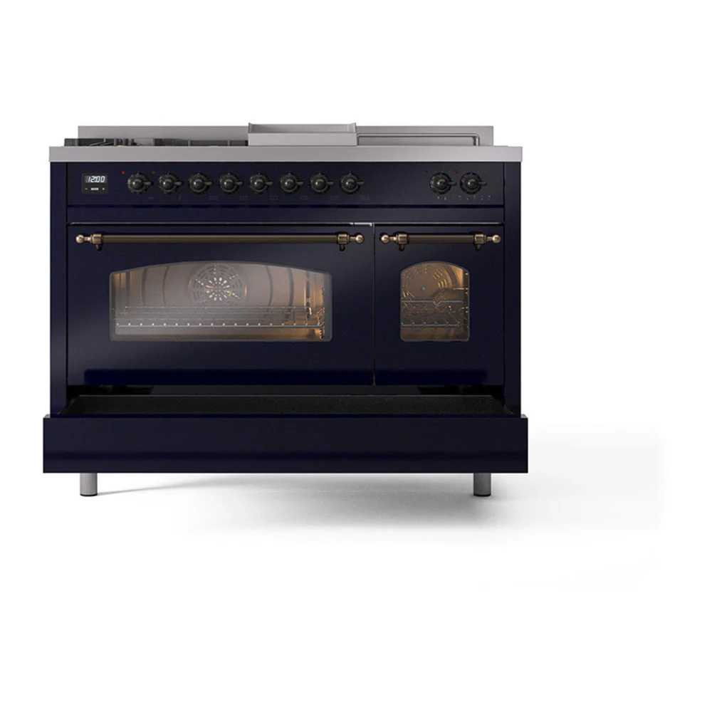 ILVE Nostalgie II 48-Inch Natural Gas Dual Fuel Range with 5 Burners, Griddle, & French Top with Triple Glass Door Oven in Midnight Blue with Bronze Trim (UP48FSNMPMBB) - Image 6