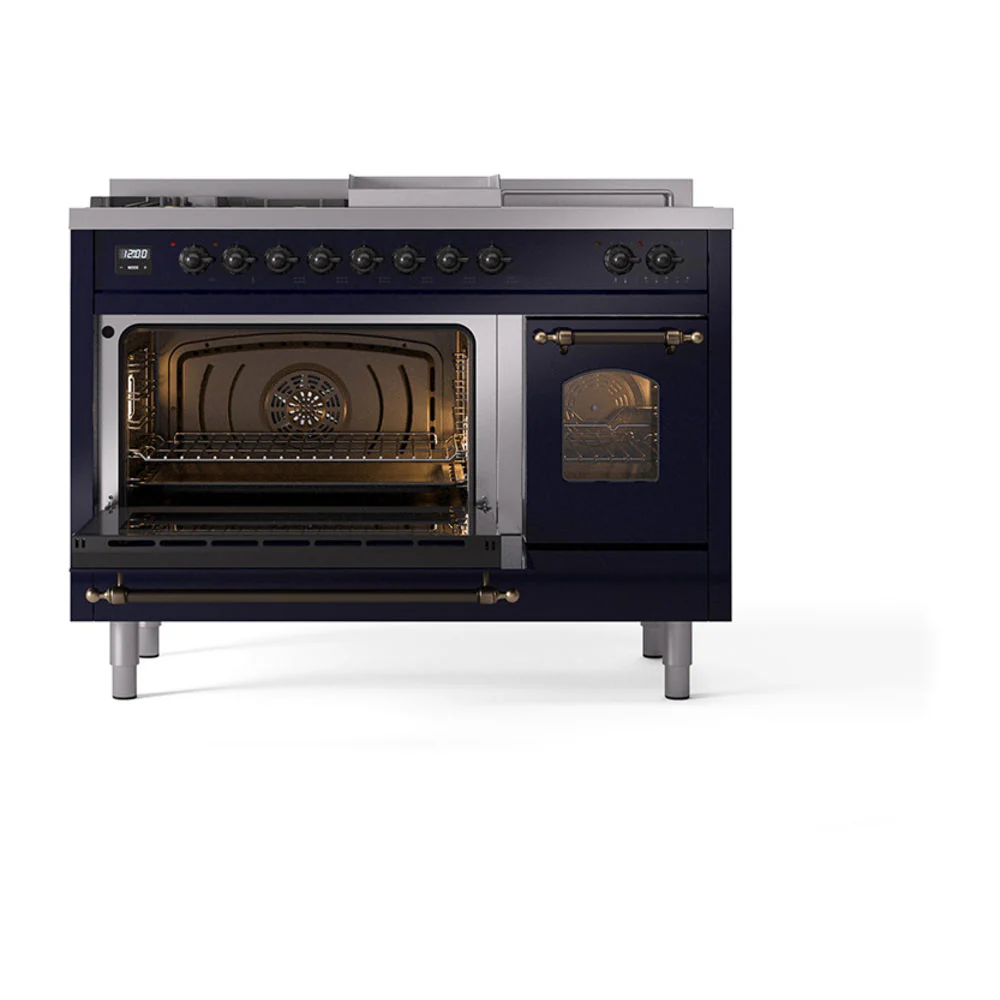 ILVE Nostalgie II 48-Inch Natural Gas Dual Fuel Range with 5 Burners, Griddle, & French Top with Triple Glass Door Oven in Midnight Blue with Bronze Trim (UP48FSNMPMBB) - Image 7