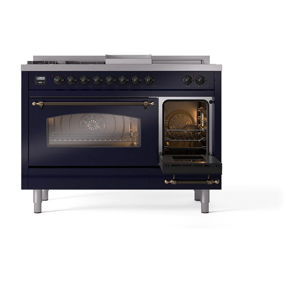 ILVE Nostalgie II 48-Inch Natural Gas Dual Fuel Range with 5 Burners, Griddle, & French Top with Triple Glass Door Oven in Midnight Blue with Bronze Trim (UP48FSNMPMBB) - Image 8