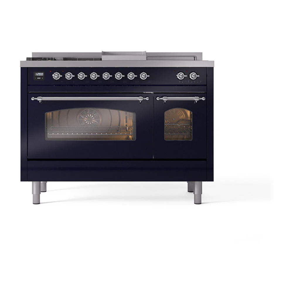 ILVE Nostalgie II 48-Inch Natural Gas Dual Fuel Range with 5 Burners, Griddle, & French Top with Triple Glass Door Oven in Midnight Blue with Chrome Trim (UP48FSNMPMBC) - Image 2