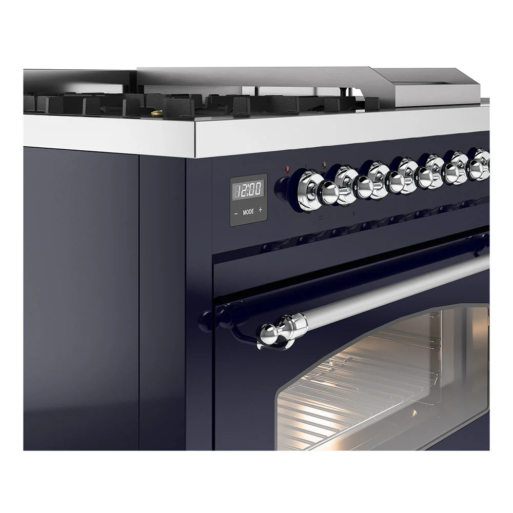 ILVE Nostalgie II 48-Inch Natural Gas Dual Fuel Range with 5 Burners, Griddle, & French Top with Triple Glass Door Oven in Midnight Blue with Chrome Trim (UP48FSNMPMBC) - Image 3