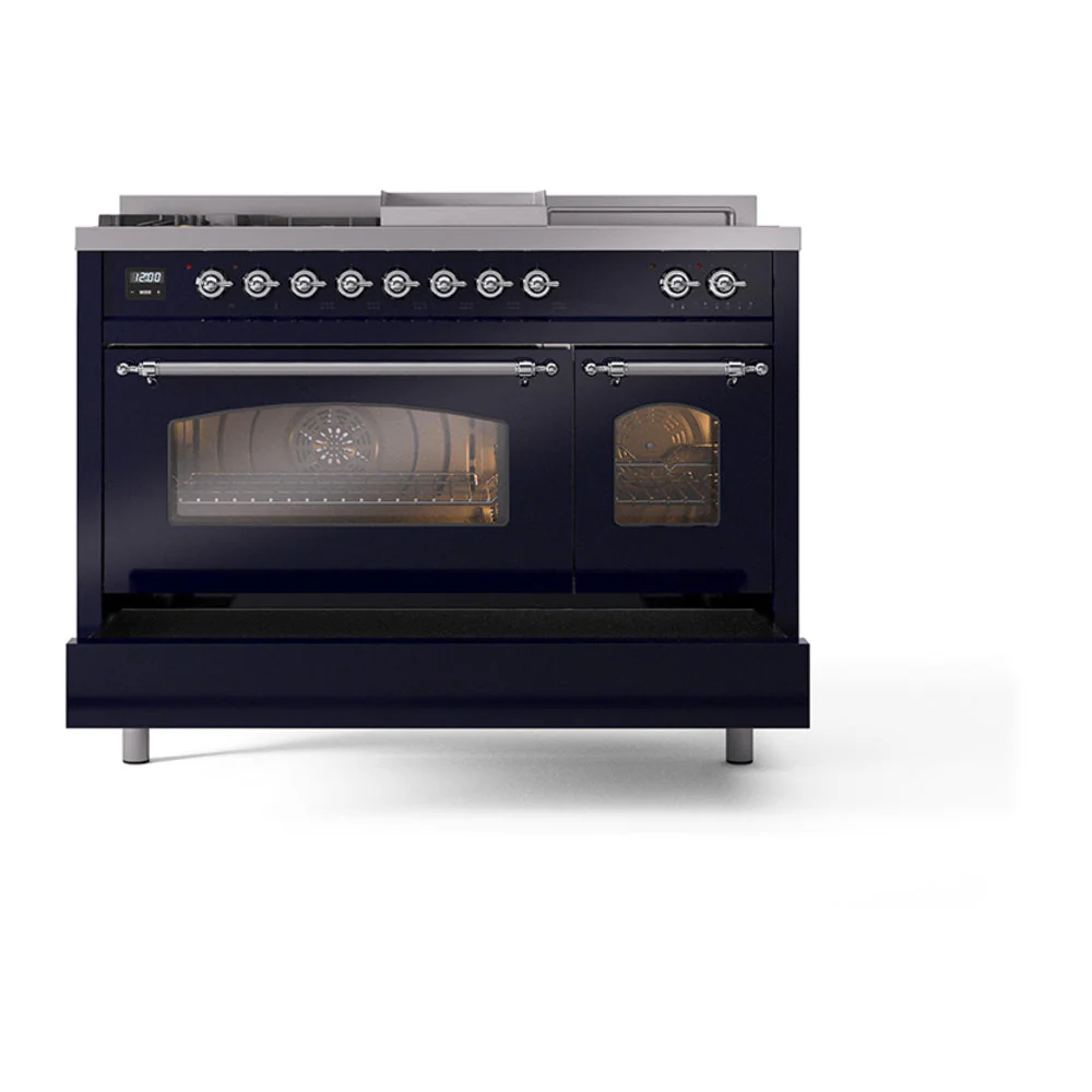 ILVE Nostalgie II 48-Inch Natural Gas Dual Fuel Range with 5 Burners, Griddle, & French Top with Triple Glass Door Oven in Midnight Blue with Chrome Trim (UP48FSNMPMBC) - Image 6