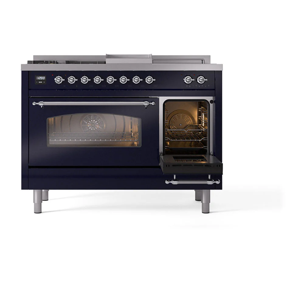 ILVE Nostalgie II 48-Inch Natural Gas Dual Fuel Range with 5 Burners, Griddle, & French Top with Triple Glass Door Oven in Midnight Blue with Chrome Trim (UP48FSNMPMBC) - Image 7