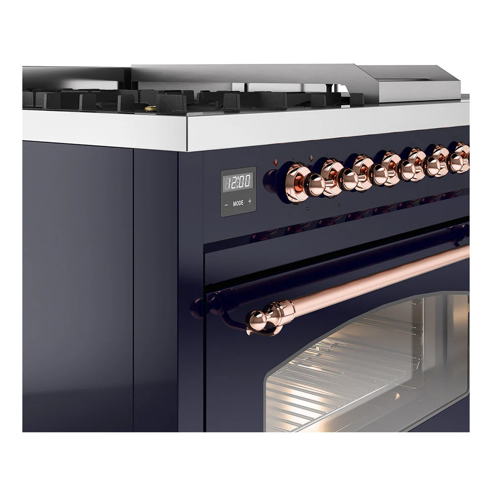 ILVE Nostalgie II 48-Inch Natural Gas Dual Fuel Range with 5 Burners, Griddle, & French Top with Triple Glass Door Oven in Midnight Blue with Copper Trim (UP48FSNMPMBP) - Image 3