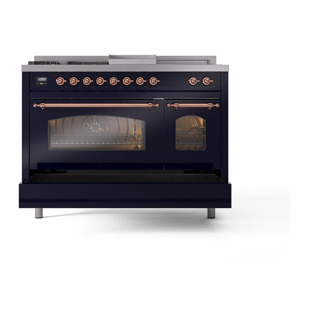 ILVE Nostalgie II 48-Inch Natural Gas Dual Fuel Range with 5 Burners, Griddle, & French Top with Triple Glass Door Oven in Midnight Blue with Copper Trim (UP48FSNMPMBP) - Image 6