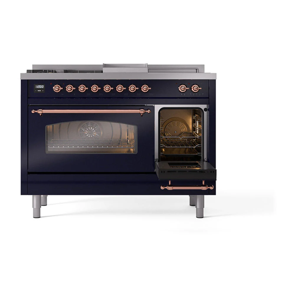 ILVE Nostalgie II 48-Inch Natural Gas Dual Fuel Range with 5 Burners, Griddle, & French Top with Triple Glass Door Oven in Midnight Blue with Copper Trim (UP48FSNMPMBP) - Image 7