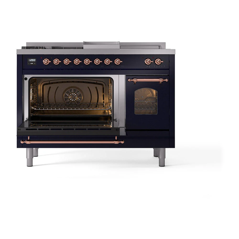 ILVE Nostalgie II 48-Inch Natural Gas Dual Fuel Range with 5 Burners, Griddle, & French Top with Triple Glass Door Oven in Midnight Blue with Copper Trim (UP48FSNMPMBP) - Image 8
