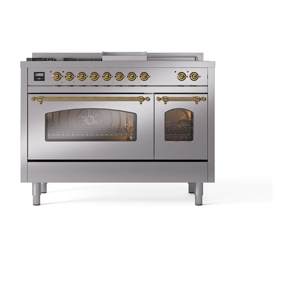ILVE Nostalgie II 48-Inch Natural Gas Dual Fuel Range with 5 Burners, Griddle, & French Top with Triple Glass Door Oven in Stainless Steel with Brass Trim (UP48FSNMPSSG) - Image 2