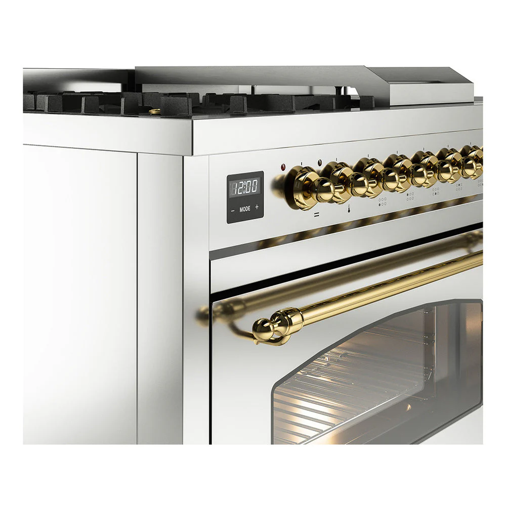 ILVE Nostalgie II 48-Inch Natural Gas Dual Fuel Range with 5 Burners, Griddle, & French Top with Triple Glass Door Oven in Stainless Steel with Brass Trim (UP48FSNMPSSG) - Image 3