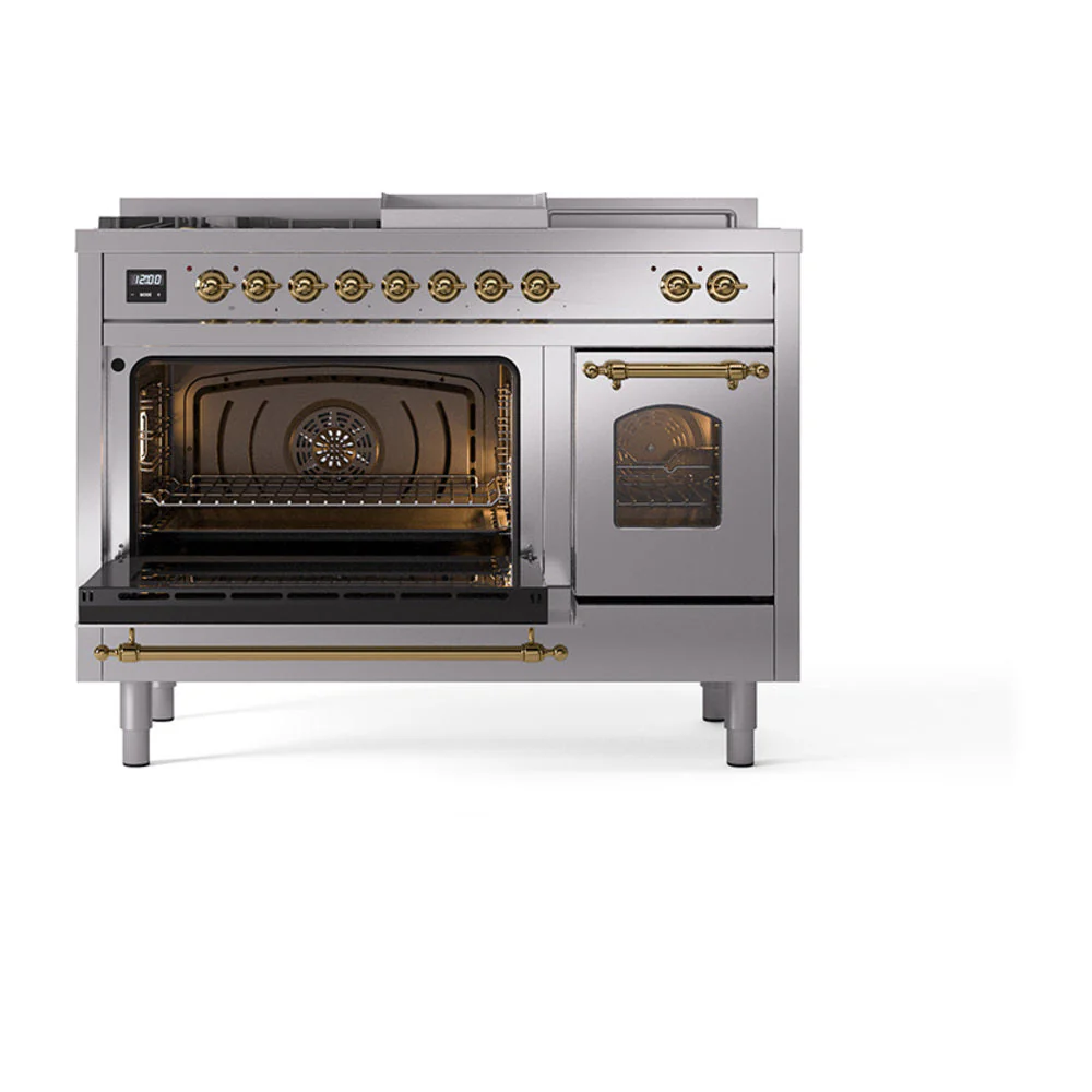 ILVE Nostalgie II 48-Inch Natural Gas Dual Fuel Range with 5 Burners, Griddle, & French Top with Triple Glass Door Oven in Stainless Steel with Brass Trim (UP48FSNMPSSG) - Image 6