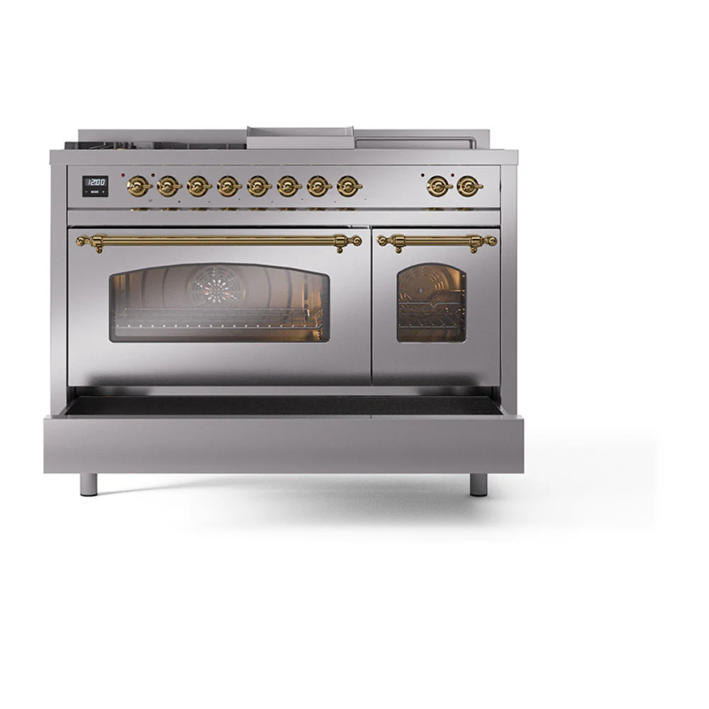 ILVE Nostalgie II 48-Inch Natural Gas Dual Fuel Range with 5 Burners, Griddle, & French Top with Triple Glass Door Oven in Stainless Steel with Brass Trim (UP48FSNMPSSG) - Image 7