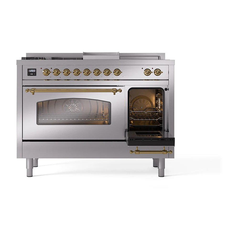 ILVE Nostalgie II 48-Inch Natural Gas Dual Fuel Range with 5 Burners, Griddle, & French Top with Triple Glass Door Oven in Stainless Steel with Brass Trim (UP48FSNMPSSG) - Image 8