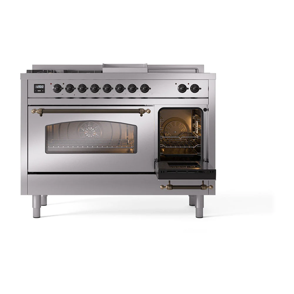 ILVE Nostalgie II 48-Inch Natural Gas Dual Fuel Range with 5 Burners, Griddle, & French Top with Triple Glass Door Oven in Stainless Steel with Bronze Trim (UP48FSNMPSSB) - Image 11
