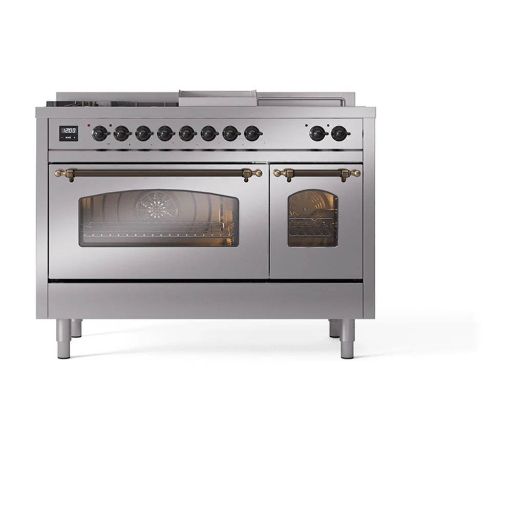 ILVE Nostalgie II 48-Inch Natural Gas Dual Fuel Range with 5 Burners, Griddle, & French Top with Triple Glass Door Oven in Stainless Steel with Bronze Trim (UP48FSNMPSSB) - Image 2