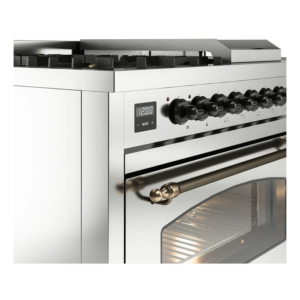 ILVE Nostalgie II 48-Inch Natural Gas Dual Fuel Range with 5 Burners, Griddle, & French Top with Triple Glass Door Oven in Stainless Steel with Bronze Trim (UP48FSNMPSSB) - Image 3