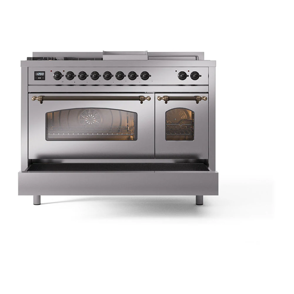 ILVE Nostalgie II 48-Inch Natural Gas Dual Fuel Range with 5 Burners, Griddle, & French Top with Triple Glass Door Oven in Stainless Steel with Bronze Trim (UP48FSNMPSSB) - Image 6