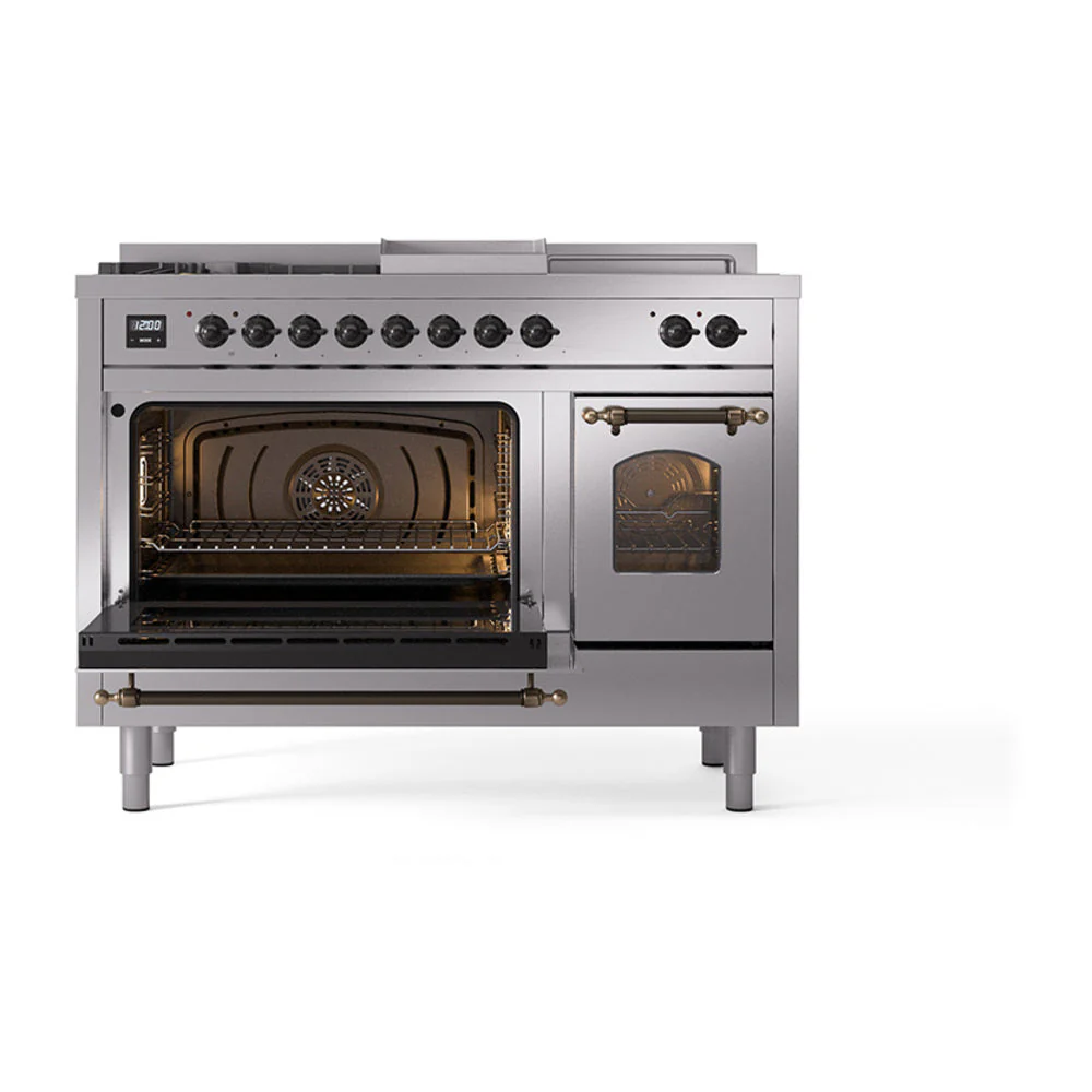 ILVE Nostalgie II 48-Inch Natural Gas Dual Fuel Range with 5 Burners, Griddle, & French Top with Triple Glass Door Oven in Stainless Steel with Bronze Trim (UP48FSNMPSSB) - Image 7