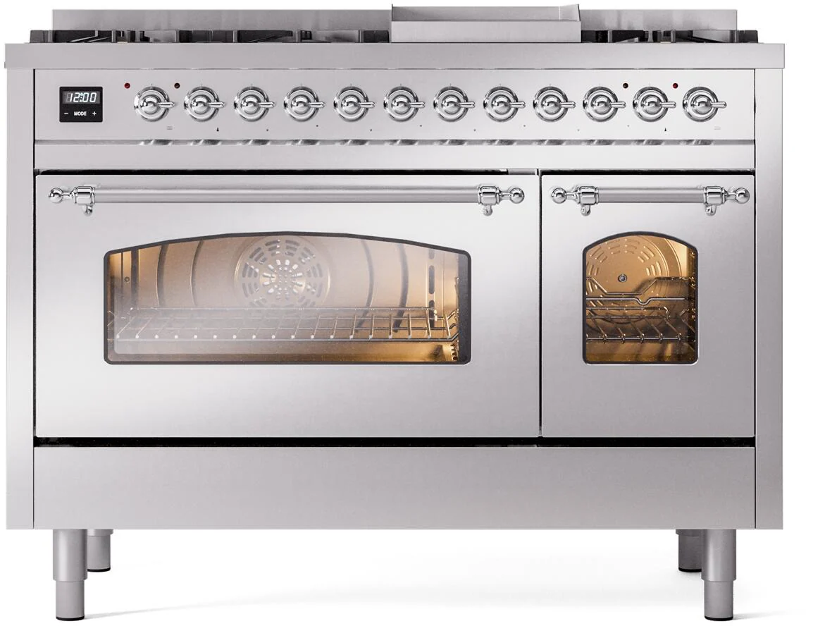 ILVE Nostalgie II 48-Inch Freestanding Natural Gas Dual Fuel Range in Stainless Steel with Chrome Trim (UP48FNMPSSC) - Image 2