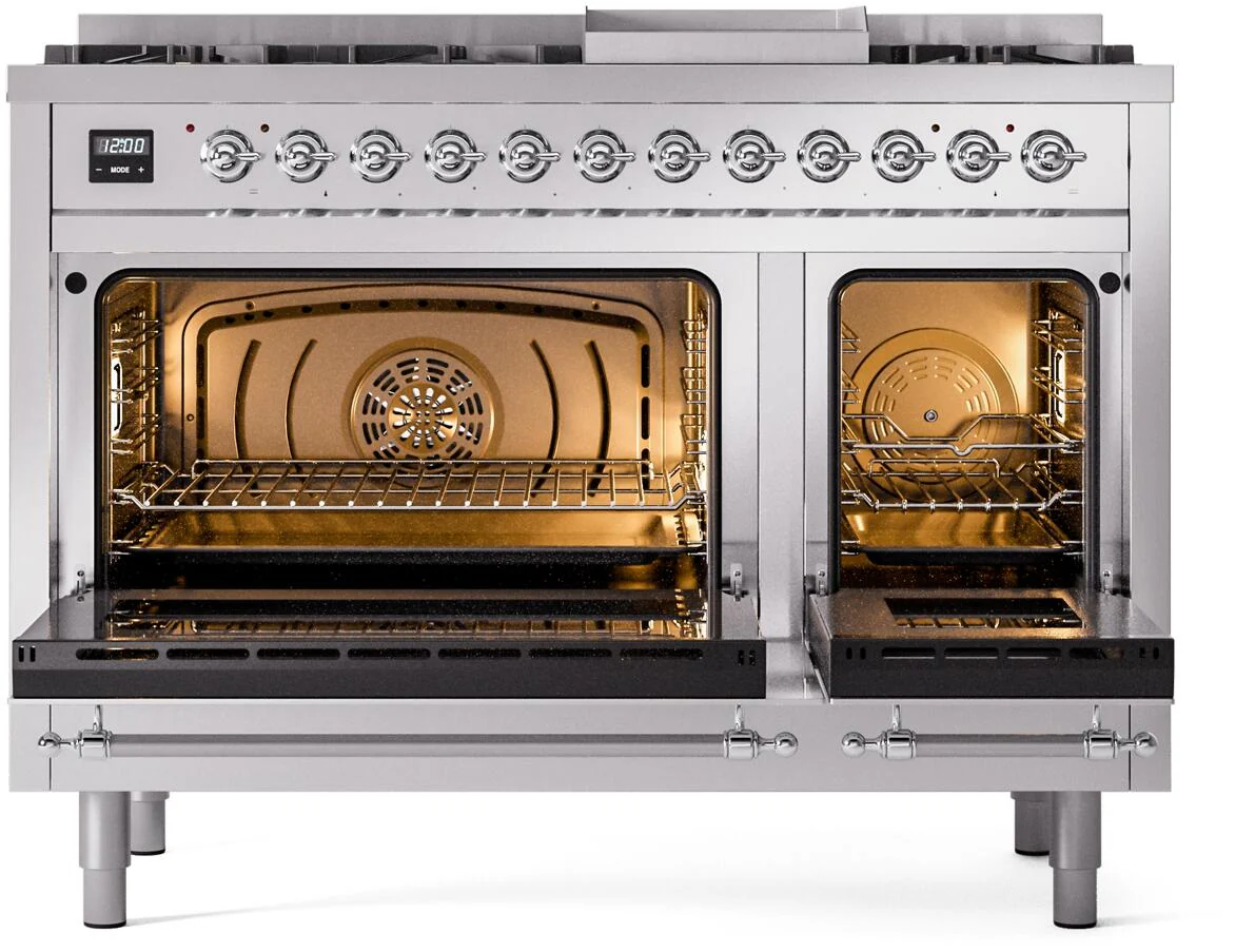ILVE Nostalgie II 48-Inch Freestanding Natural Gas Dual Fuel Range in Stainless Steel with Chrome Trim (UP48FNMPSSC) - Image 3