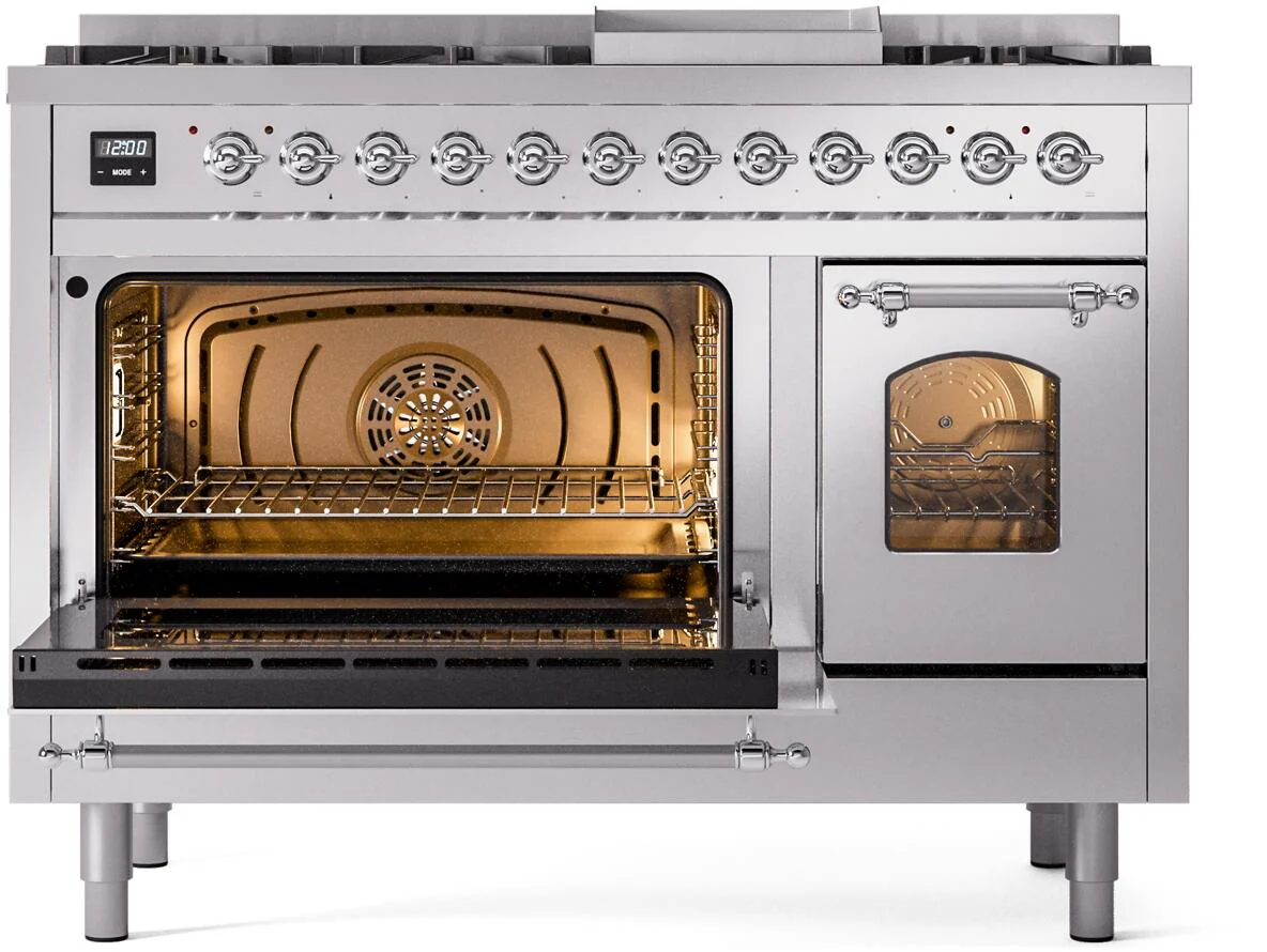 ILVE Nostalgie II 48-Inch Freestanding Natural Gas Dual Fuel Range in Stainless Steel with Chrome Trim (UP48FNMPSSC) - Image 4