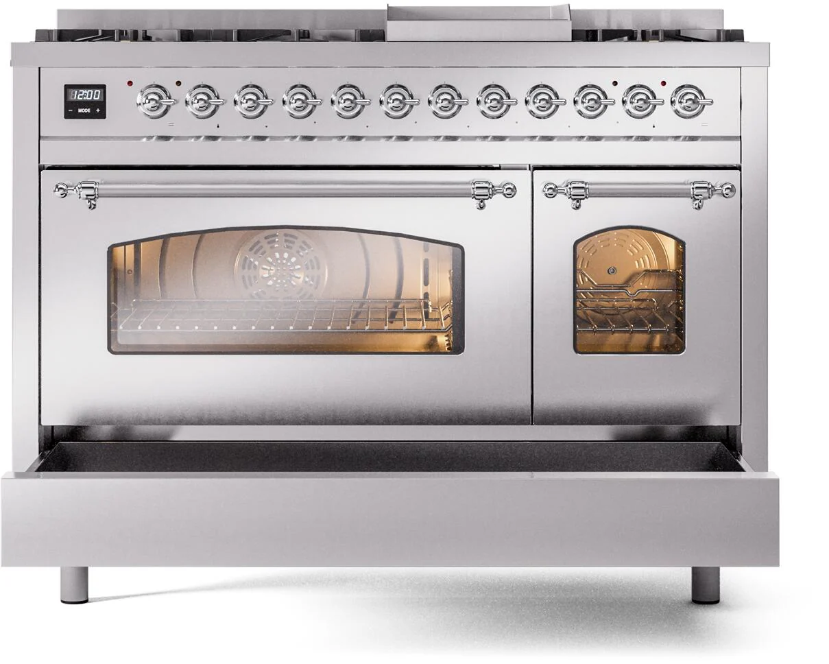 ILVE Nostalgie II 48-Inch Freestanding Natural Gas Dual Fuel Range in Stainless Steel with Chrome Trim (UP48FNMPSSC) - Image 5