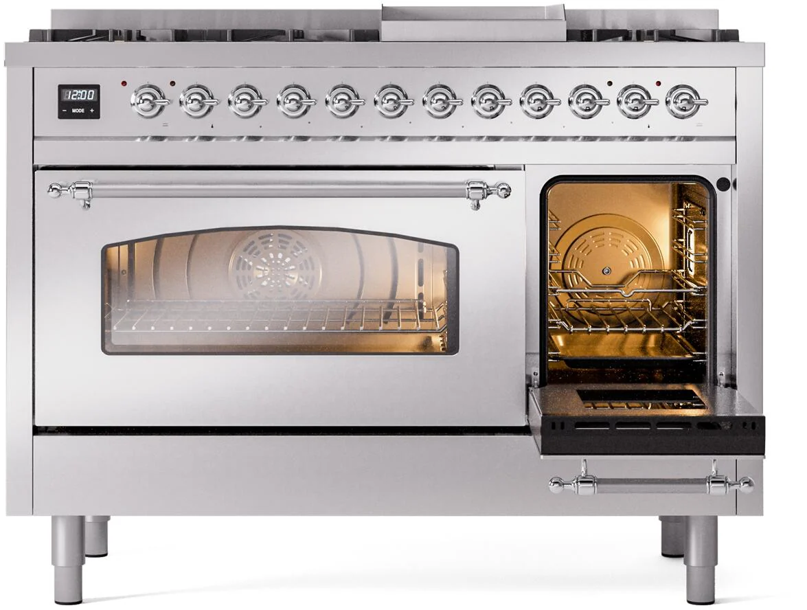 ILVE Nostalgie II 48-Inch Freestanding Natural Gas Dual Fuel Range in Stainless Steel with Chrome Trim (UP48FNMPSSC) - Image 6