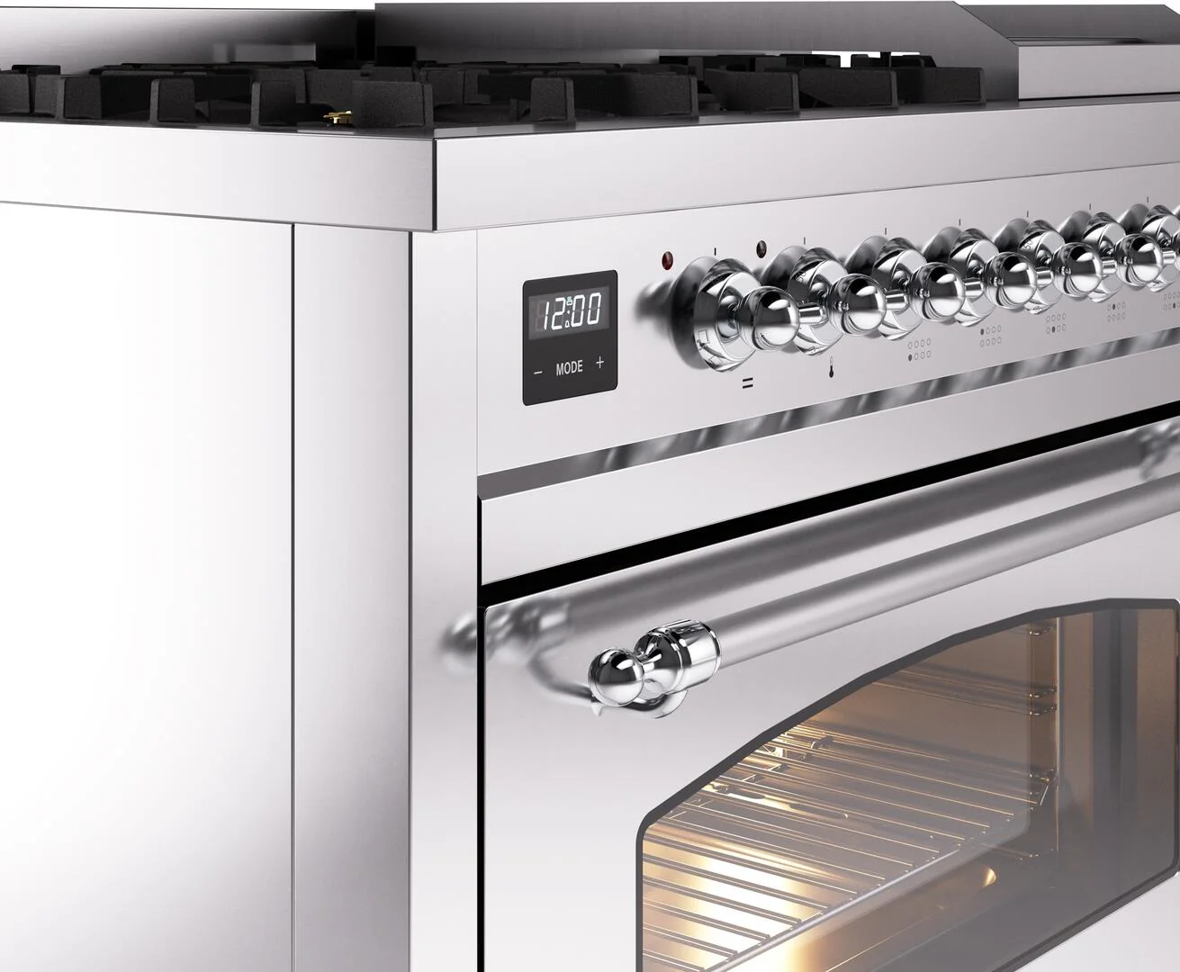 ILVE Nostalgie II 48-Inch Freestanding Natural Gas Dual Fuel Range in Stainless Steel with Chrome Trim (UP48FNMPSSC) - Image 7