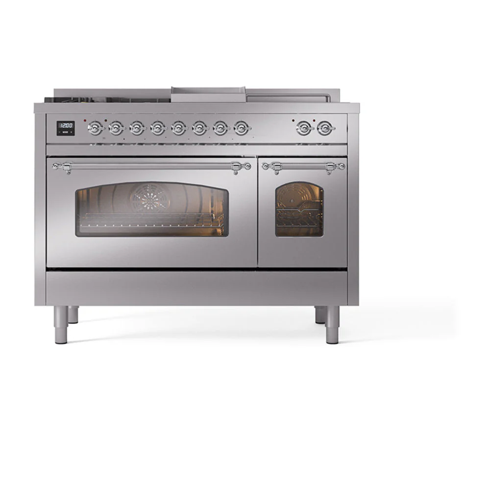 ILVE Nostalgie II 48-Inch Natural Gas Dual Fuel Range with 5 Burners, Griddle, & French Top with Triple Glass Door Oven in Stainless Steel with Chrome Trim (UP48FSNMPSSC) - Image 2