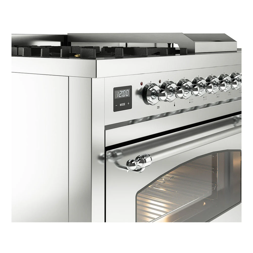 ILVE Nostalgie II 48-Inch Natural Gas Dual Fuel Range with 5 Burners, Griddle, & French Top with Triple Glass Door Oven in Stainless Steel with Chrome Trim (UP48FSNMPSSC) - Image 3