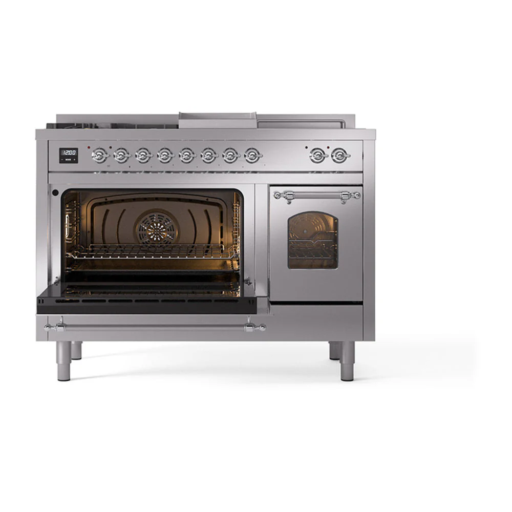 ILVE Nostalgie II 48-Inch Natural Gas Dual Fuel Range with 5 Burners, Griddle, & French Top with Triple Glass Door Oven in Stainless Steel with Chrome Trim (UP48FSNMPSSC) - Image 6