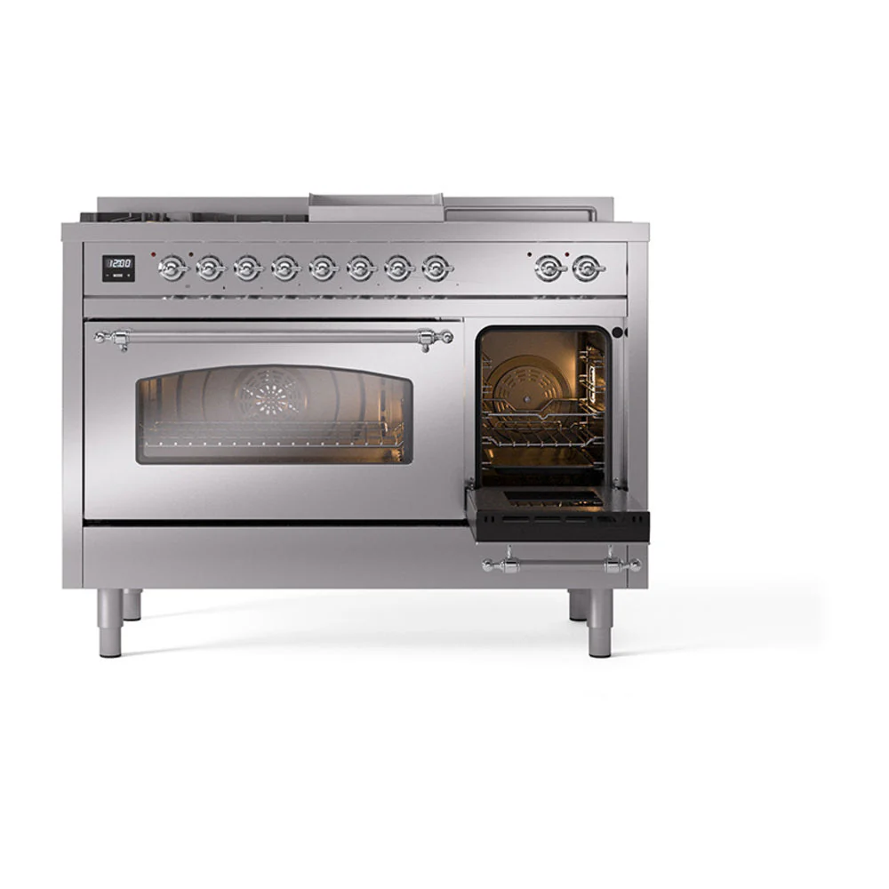 ILVE Nostalgie II 48-Inch Natural Gas Dual Fuel Range with 5 Burners, Griddle, & French Top with Triple Glass Door Oven in Stainless Steel with Chrome Trim (UP48FSNMPSSC) - Image 7