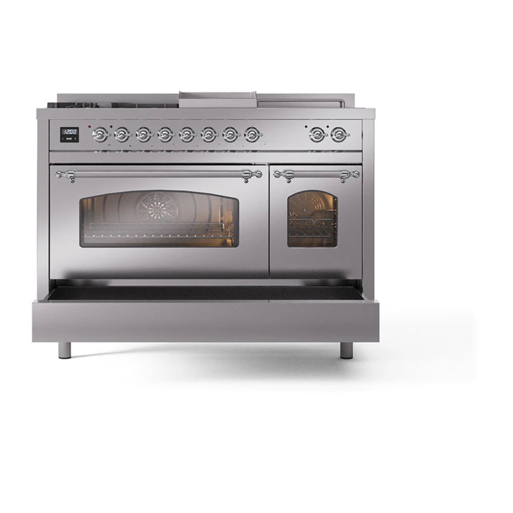ILVE Nostalgie II 48-Inch Natural Gas Dual Fuel Range with 5 Burners, Griddle, & French Top with Triple Glass Door Oven in Stainless Steel with Chrome Trim (UP48FSNMPSSC) - Image 8