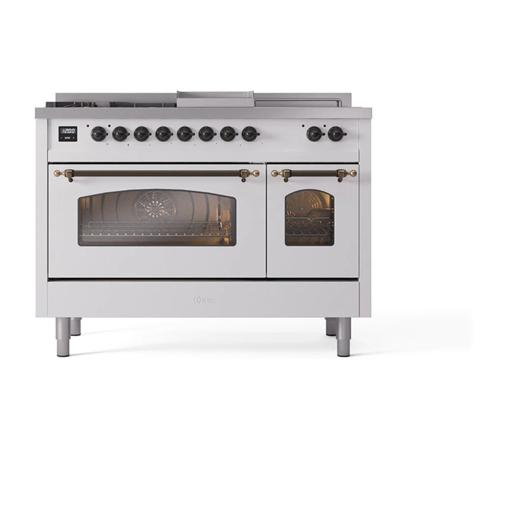 ILVE Nostalgie II 48-Inch Natural Gas Dual Fuel Range with 5 Burners, Griddle, & French Top with Triple Glass Door Oven in White with Bronze Trim (UP48FSNMPWHB) - Image 2