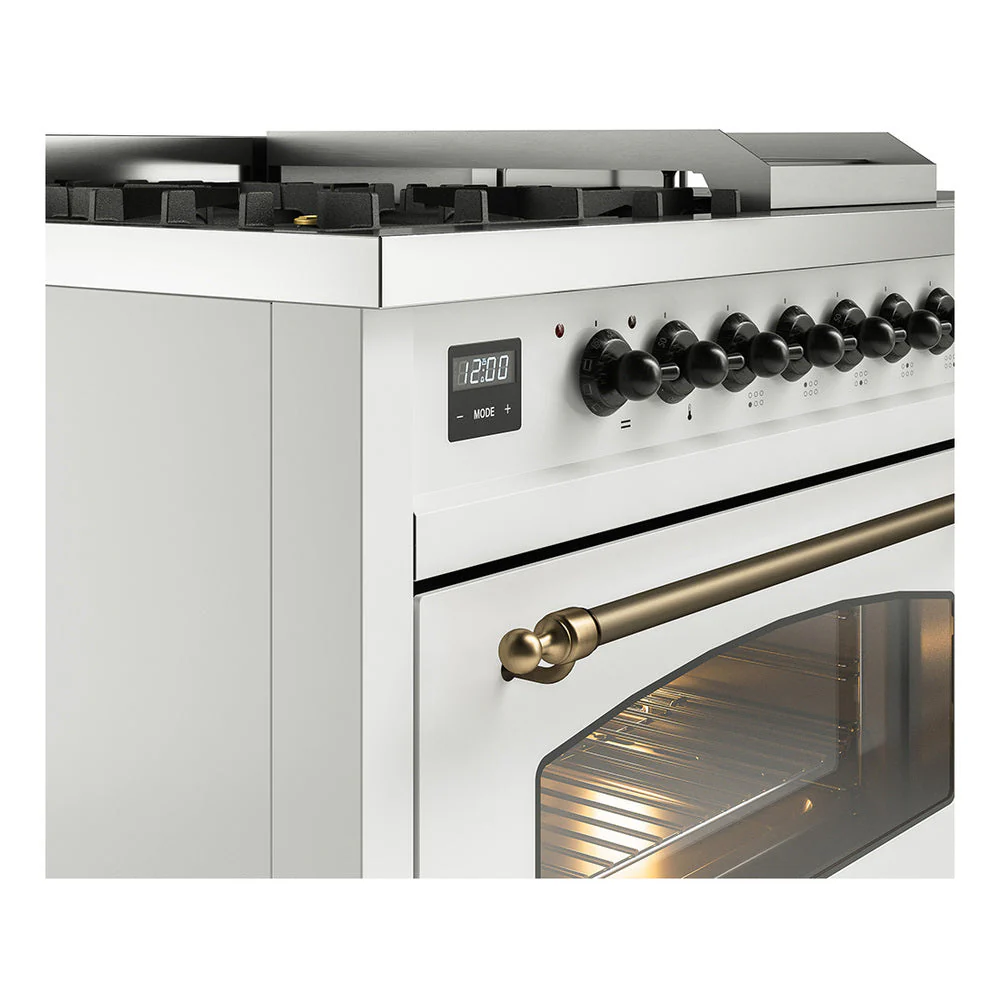 ILVE Nostalgie II 48-Inch Natural Gas Dual Fuel Range with 5 Burners, Griddle, & French Top with Triple Glass Door Oven in White with Bronze Trim (UP48FSNMPWHB) - Image 3