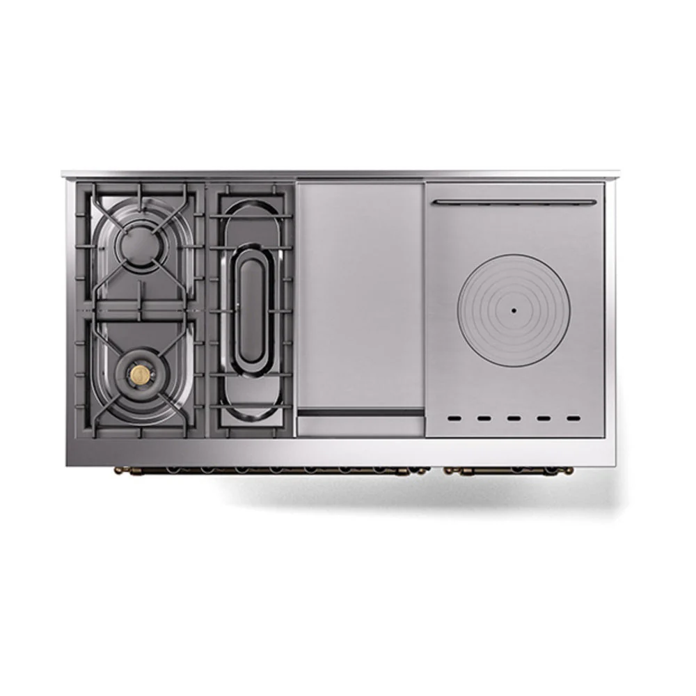 ILVE Nostalgie II 48-Inch Natural Gas Dual Fuel Range with 5 Burners, Griddle, & French Top with Triple Glass Door Oven in White with Bronze Trim (UP48FSNMPWHB) - Image 4