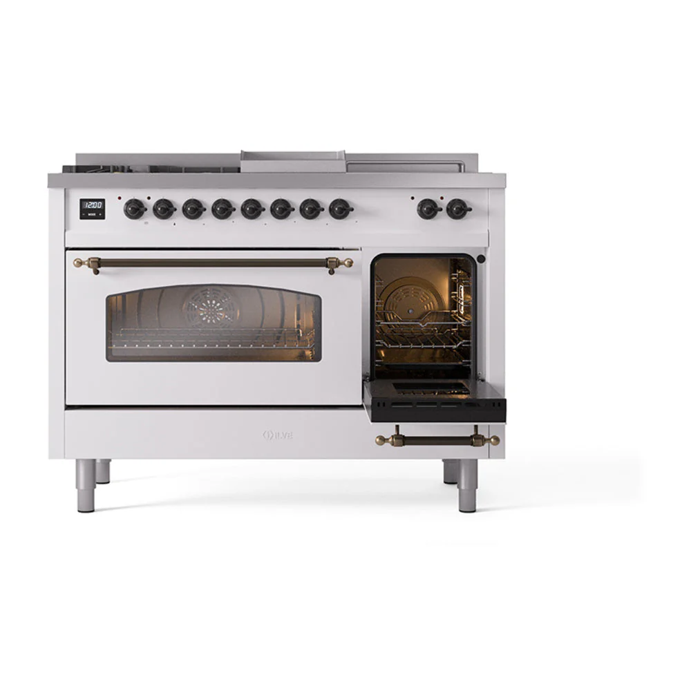 ILVE Nostalgie II 48-Inch Natural Gas Dual Fuel Range with 5 Burners, Griddle, & French Top with Triple Glass Door Oven in White with Bronze Trim (UP48FSNMPWHB) - Image 7