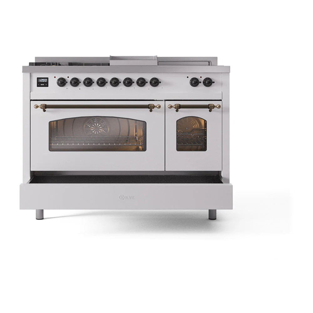 ILVE Nostalgie II 48-Inch Natural Gas Dual Fuel Range with 5 Burners, Griddle, & French Top with Triple Glass Door Oven in White with Bronze Trim (UP48FSNMPWHB) - Image 8