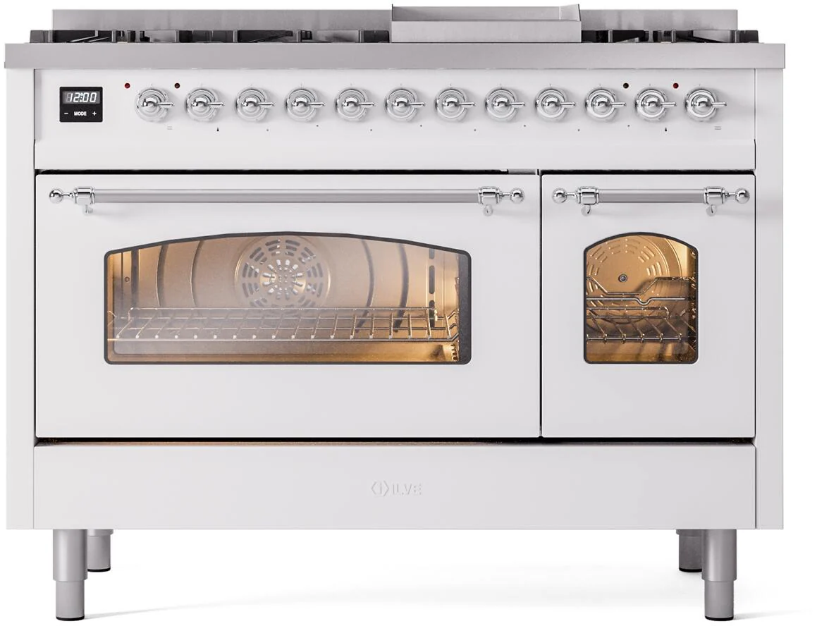 ILVE Nostalgie II 48-Inch Freestanding Natural Gas Dual Fuel Range in White with Chrome Trim (UP48FNMPWHC) - Image 2