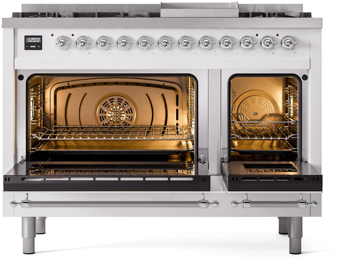 ILVE Nostalgie II 48-Inch Freestanding Natural Gas Dual Fuel Range in White with Chrome Trim (UP48FNMPWHC) - Image 3