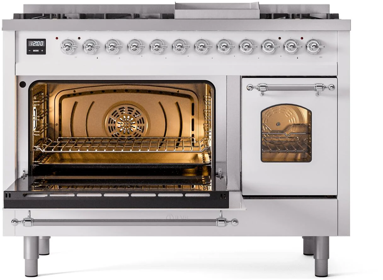 ILVE Nostalgie II 48-Inch Freestanding Natural Gas Dual Fuel Range in White with Chrome Trim (UP48FNMPWHC) - Image 4